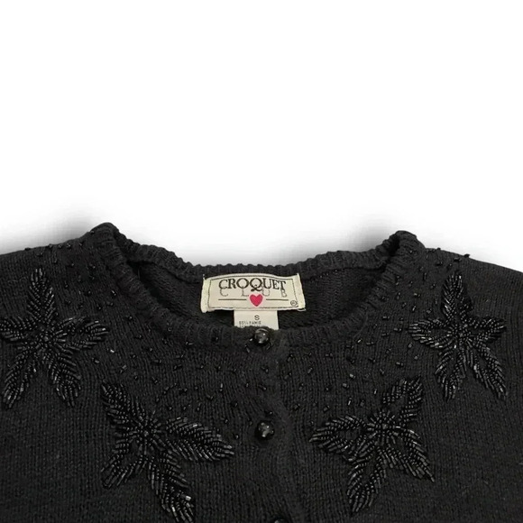 Black Beaded Knit Cardigan Floral Embellished Long Sleeve Button Up Star Sweater - Picture 8 of 10